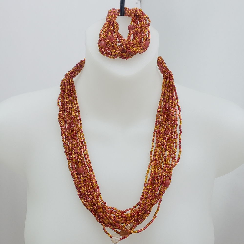 NEW Orange Glass Seed Bead Multi-Strand Necklace and Bracelet Set